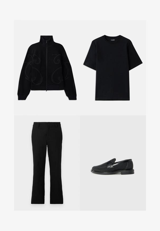 Juodas džemperis su užtrauktuku ir aukštu apykakle, su subtiliais toniniais spiralės raštais ir raukšlėtomis rankovėmis. Pagamintas iš minkštos, tekstūruotos medžiagos.; Juodas medvilnės marškinėliai su apykakle ir trumpomis rankovėmis. Su subtiliu logotipo siuvinėjimu kairėje krūtinės pusėje. Lygus, glotnus paviršius.; Juodos plačios kelnės, pagamintos iš medvilnės mišinio, su mygtukų uždarymu, diržo kilpomis ir lygia tekstūra be matomų raštų.; Juodas pintas slip-on tipo batelis su lygiu odiniu akcentu viršuje, apvalios nosies dizainas ir žemas guminis padas.