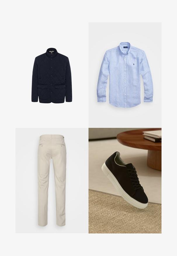 Geacă matlasată albastră marinară cu guler în picioare, două buzunare frontale cu buton și închidere cu nasturi. Textură netedă cu un design geometric.; Cămașă cu dungi albastre și albe, cu mânecă lungă, fabricată din bumbac, având un guler cu nasturi, nasturi pe față și un mic logo brodat pe piept.; Pantaloni bej cu o textură netedă, croială dreaptă, două buzunare laterale cu nasturi și un brâu standard.; Pantof din material textil negru, cu talpă albă, plutind deasupra unui covor texturat bej, lângă o masă rotundă din lemn cu cărți stivuite.