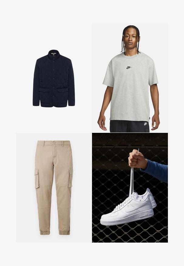 Námořnická prošívaná bunda s stojáčkem, dvěma předními kapsami na patentky a zapínáním na knoflíky. Hladká textura s geometrickým vzorem.; Mladý člověk s pletenými vlasy, oblečený v světle šedém tričku Nike a černých šortkách Nike, na čistém bílém pozadí.; Béžové cargo kalhoty z lehkého bavlněného materiálu. Mají elastické manžety, více bočních kapes a zapínání na knoflík.; Bílé kožené tenisky s perforacemi, kulatou špičkou, plochou podrážkou a silnými tkaničkami, které mají viditelné logo swoosh a nápis "AIR" na patě.