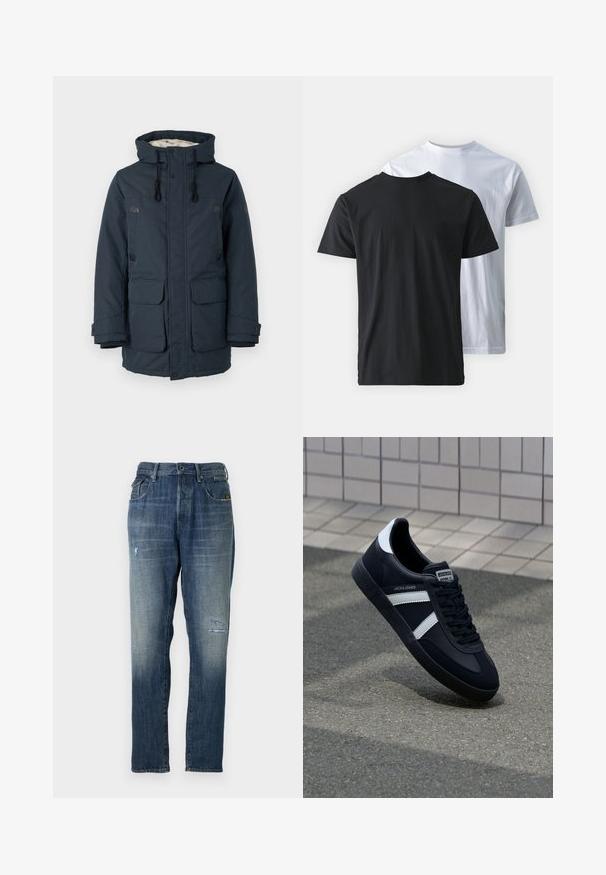 Tengerészkék párnázott dzseki magas gallérral, kontrasztos belső béléssel, két nagy elülső zsebbel és fekete fém részletekkel.; Két pamut póló, hátulról látható: az egyik fekete, a másik fehér. Mindkettő rövid ujjú és kerek nyakkivágású, sima felületű.; Fakó kék színű farmeregyenes szárú kialakítással, mérsékelt kopásokkal elöl, valamint klasszikus öt zsebes stílusban.; Fekete bőr sportcipő fehér csíkokkal, textúrált gumitalppal és fűzős elejével. A nyelvén márkás címke található.