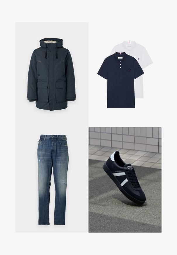 Tamno plava jakna s podstavom i visokim ovratnikom, kontrastnom unutarnjom podlogom, dva velika prednja džepa i crnim metalnim detaljima.; Dva polo majice: jedna tamnoplava i jedna bijela, obje s malim crveno-bijelim-plavim naglaskom na džepu i ovratniku.; Traperice u izblijedelo plavoj boji, ravnog kroja, s umjerenim oštećenjima sprijeda i klasičnim pet džepovima.; Crne kožne tenisice s bijelim prugama, strukturirana gumena potplate i vezanjem sprijeda. Ima oznaku brenda na jeziku.