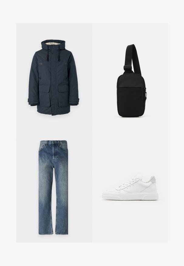 Mörkblå vadderad jacka med hög krage, kontrasterande innertyg, två stora framfickor och svarta detaljer.; Brun stickad tröja med polo-krage, tre knappar vid nacken och långa ärmar. Mjuk textur, ribbade manschetter och fåll.; Blå denimjeans med rakt ben, med en blekt tvätt, bälteshällor, framfickor och en enda bakficka.; Vita lädersneakers med en slät yta, rund tå, platta snören och en texturerad sula. Grå mockadetalj vid hälen.; Svart axelväska gjord av slitstarkt tyg, med en justerbar rem, ett zip-försett huvudfack och en framficka.