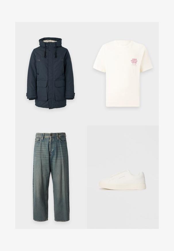 Tumesinine polsterdatud jakk kõrge krae, kontrastse sisekattega, kahe suure esikotiga ja mustade metallelementidega.; Valge lühikeste varrukatega T-särk, millel on vasakul rinnal punane tekst "Studio Originals Edition", esitatud neutraalsel hallil taustal.; Heledad sinine denim-stiilis teksad, volüümse lõike, keskmise kõrgusega talje ja sirgete säärega. Omab viit taskut, vöökumme ja nööpide sulgemist.; Valged libisemiskindlad tossud tekstuuriga pinnaga, paksu tallaga ja minimalistikus disainis. Küljel on brändi logo.