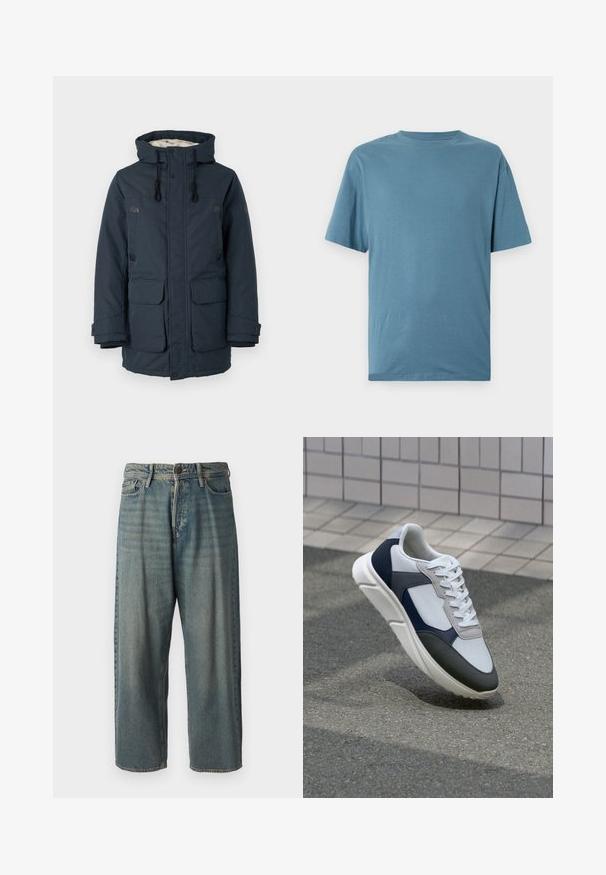 Granatowa pikowana kurtka z wysokim kołnierzem, kontrastowym wnętrzem, dwiema dużymi kieszeniami z przodu i czarnymi akcentami metalowymi.; Jasnoniebieska koszulka z krótkim rękawem wykonana z miękkiej tkaniny. Posiada okrągły dekolt oraz luźny krój, bez wzorów czy ozdób.; Jasnoniebieskie dżinsy o luźnym kroju, średnim stanie i prostych nogawkach. Posiadają pięć kieszeni, szlufki na pasek oraz zapięcie na guzik.; Białe, granatowe i szare sneakersy o mieszanej konstrukcji, z teksturowanym wierzchem, płaskimi sznurowadłami i amortyzowaną podeszwą.