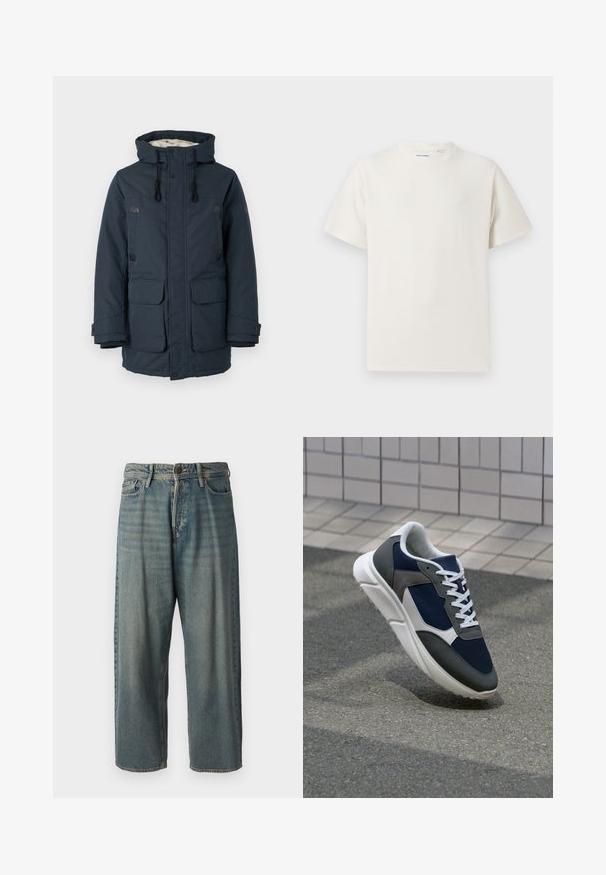 Tumesinine polsterdatud jakk kõrge krae, kontrastse sisekattega, kahe suure esikotiga ja mustade metallelementidega.; Valge lühikeste varrukatega T-särk ribakudumises. Ümar kaelus, mugav lõige, nähtavad mustrid ega aksessuaarid puuduvad. Lihtne ja mitmekesine disain.; Heledad sinine denim-stiilis teksad, volüümse lõike, keskmise kõrgusega talje ja sirgete säärega. Omab viit taskut, vöökumme ja nööpide sulgemist.; Sneaker, mille sinine võrkkangas, hallid nubukdetailid, valge kummitald ja lamedad valged paelad, disainitud mugavuseks ja hingavuseks.