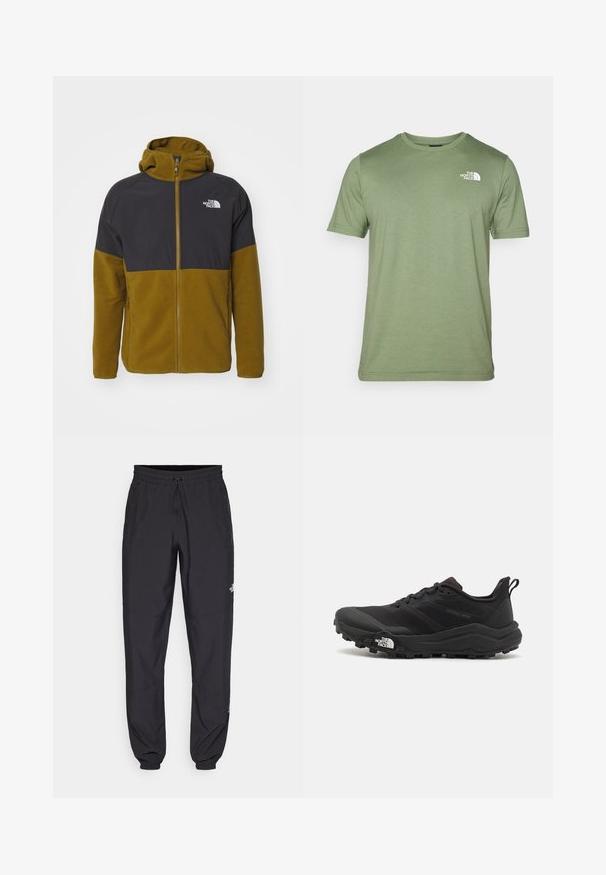 The North Face GLACIER HEAVYWEIGHT FULL ZIP - Jakna iz flisa - moss green/asphalt grey; Olivno zelena majica s kratkimi rokavi, narejena iz mehkega materiala. Ima okrogel ovratnik in belo logo na levem prsnem delu. Gladka tekstura po celotni površini.; Črne atletske hlače iz lahkega materiala, ki imajo elastični pas z vezalko, stranske žepe in zožene manšete na gležnjih.; Črne tekaške čevlje za trail s teksturirano zgornjega dela, gumijastim podplatom in ojačanim zaključkom prstov. Vključuje oblazinjen ovratnik in zanko za enostavno obuvanje.