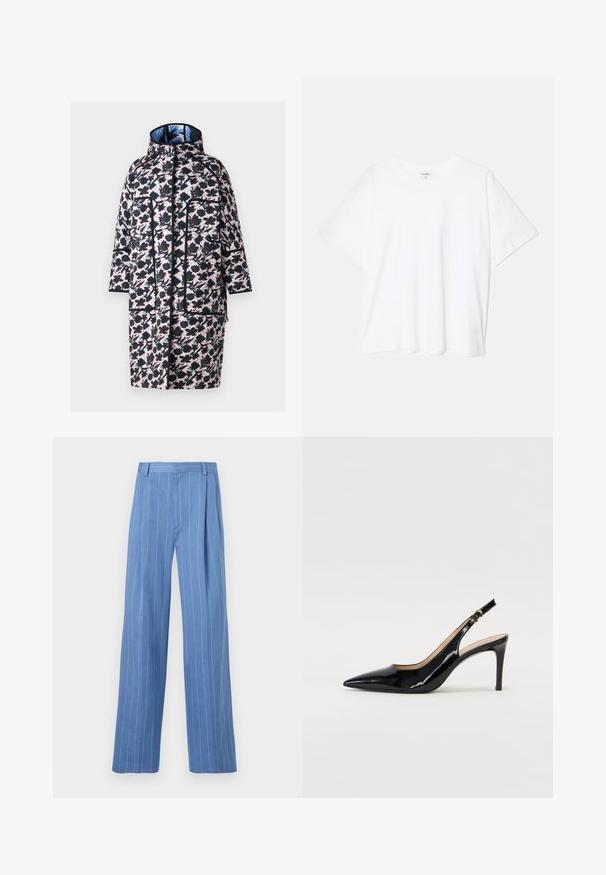 Pildīta jaka ar ziedu rakstu melnā, rozā un zilā krāsā. Iespējojama augsta apkakle, garas piedurknes un divas sānu kabatas ar melnu kontūru.; Balta kokvilnas T-krekls ar īsām piedurknēm, apaļu dekoltē, brīva piegriezuma un šūtu apakšmalu. Etiķete redzama iekšējā kakla daļā.; Gaiši zili platajā kāja bikses ar vertikālām balta līnijām. Izgatavotas no gluda materiāla, ar priekšējo kroku un vienkāršu jostas dizainu.; Melnas lakotās ādas slingback kurpes ar izteiktu degunu, šauru papēdi un smalku izgriezumu dizainu. Siksniņai ir zelta sprādze.