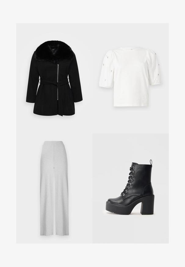 Mustat villakangastakki, jossa on tekoturkiskaulus, vetoketjukiinnitys, pitkät hihat ja vyö vyötäröllä. Pehmeä rakenne ja räätälöity istuvuus.; Valkoinen puuvillainen t-paita lyhyillä puffihihnoilla, joissa on pieniä hopeisia koristeita hihojen varrella. Klassinen pyöreä kaula-aukko, rento malli.; Vaaleanharmaat ribatut leveälahkeiset housut, joissa on korkea vyötärö ja edessä halkio. Valmistettu pehmeästä kankaasta, jossa on sileä pinta.; Musta nahkasaapas nilkkamittaisella, paksulla korokepohjalla, nyöritettävällä etuosalla ja tekstuuripinnalla. Takana on lenkki helppoa pukemista varten.