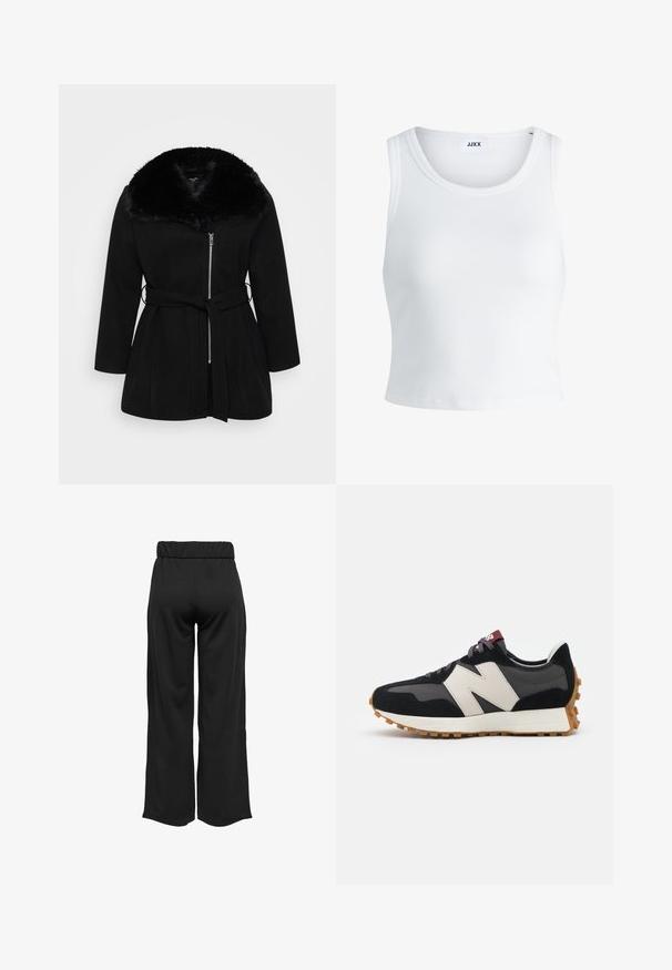 Črn plašč s kapuco iz umetnega krzna, z zadrgo spredaj, dolgimi rokavi in pasom v pasu. Mehka tekstura in prilagojen kroj.; Bela rebrasta majica brez rokavov z okroglim izrezom in krajšo dolžino. Oznaka navaja "JJXX." Gladka tekstura tkanine.; Črne hlače širokega kroja z elastičnim pasom, izdelane iz gladkega materiala. Imajo preprost dizajn brez žepov ali vidnih šivov.; Črne in sive semiš športne copate z velikim kremnim logotipom "N", vijoličastimi vezalkami in teksturiranim gumijastim podplatom.