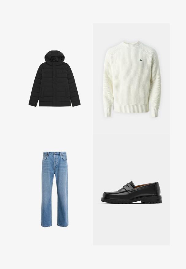 Zwarte pufferjack met capuchon, voorzien van een gestikte ontwerpelement, een gladde textuur en twee voorzakken. Subtiel logo op de borst.; Crèmekleurige geribbelde gebreide trui met een ronde halslijn en lange mouwen. Heeft een klein groen logo op de borst en een textuur in de stof.; Lichtblauwe denim jeans met een straight-leg ontwerp, vijf zakken, knoopsluiting, minimale vervaging en contrasterende stikseldetails.; Zwarte leren instappers hebben een verhoogde naad, twee decoratieve banden op de bovenkant en een dikke, gestructureerde zool voor extra grip.