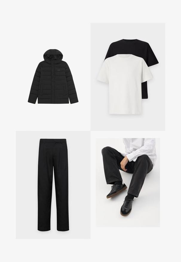 Black puffer jacket with a hood, featuring a quilted design, smooth texture, and two front pockets. Subtle logo on the chest.; Cotton t-shirt set featuring a black top and a white top, both with short sleeves, round neckline, and standard fit. Textured fabric.; Black trousers made of smooth fabric, featuring a straight-leg design, two front pleats, and standard waistband with belt loops.; Black sneakers with a smooth and textured upper, featuring a rubber sole and dark laces. Paired with black jeans and a white striped shirt.
