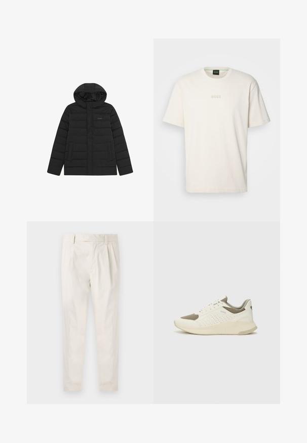 Crni zimski kaput s kapuljačom, s kvadratnim uzorkom, glatkom teksturom i dva prednja džepa. Diskretni logotip na prsima.; BOSS TEE - Osnovna majica kratkih rukava - open white; Bijele, naborane hlače s krojem po mjeri, koje imaju glatku teksturu, petlje za pojas i sužene nogavice. Nema vidljivih džepova ili uzoraka.; Bijele i svijetlosmeđe sportske tenisice, sa mrežastim gornjim dijelom, perforiranim detaljima i teksturiranim međutrakom sa brendom na peti.