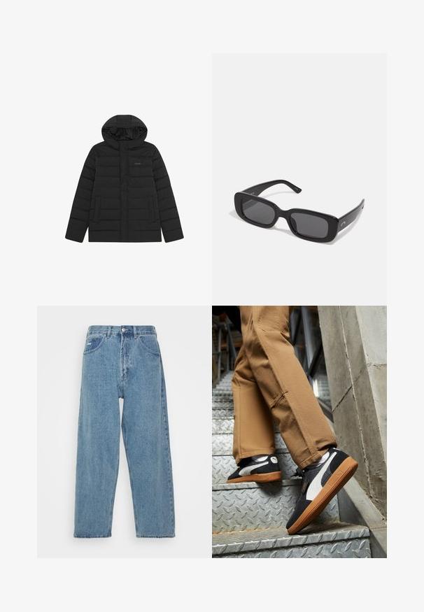 Crni zimski kaput s kapuljačom, s kvadratnim uzorkom, glatkom teksturom i dva prednja džepa. Diskretni logotip na prsima.; Bijela majica kratkih rukava od pamučnog materijala s okruglim izrezom. Jednostavan dizajn bez uzoraka ili naglasaka. Glatka tekstura.; Svijetloplave traperice s visokim strukom, ležernog kroja, koje imaju dva prednja džepa, stražnji džep s pletenicom i kopčanje na gumb.; Crne i sive suede tenisice s bijelim detaljima i potplatima od gume boje gume, nošene na bež hlačama dok se penju metalnim stubama.; Crne pravokutne sunčane naočale s tamnim lećama, glatkim plastičnim okvirom i širokim naramnicama. Suptilan brend s bočne strane.