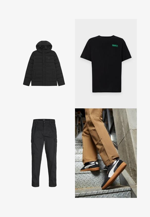 Melns pūkains jaka ar kapuci, kas izceļas ar pāršūtu dizainu, gludu tekstūru un divām priekšējām kabatām. Diskrets logo uz krūtīm.; Melna kokvilnas t-kreka ar īsām piedurknēm. Uz priekšu ir zaļa "ROOTS" logo, apaļa kakla izgriezums un standarta piegriezums.; Melnas kravas bikses, izgatavotas no izturīga auduma, ar vairākiem kabatām, pogu aizdari un šaura piegriezuma dizainu ar sašaurinātiem kāju apakšiem.; Melnas un pelēkas zamša sporta kurpes ar baltām akcentiem un gumijas zolēm, valkātas uz brūniem biksēm, uzkāpjot metāla kāpnēm.