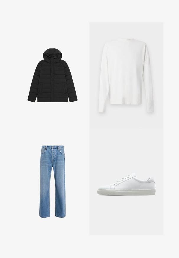 Černá péřová bunda s kapucí, s prošívaným designem, hladkým povrchem a dvěma předními kapsami. Jemné logo na hrudi.; Bílá bavlněná košile s dlouhým rukávem a kulatým výstřihem, s bočními rozparky na spodní části a hladkým povrchem, vystavená zezadu.; Světle modré džínové kalhoty s rovnými nohavicemi, pěti kapsami, zapínáním na knoflík, minimálním vyblednutím a kontrastním prošitím.; Bílé tenisky s hladkým koženým svrškem a nízkým profilem. Mají zaoblenou špičku, šest nýtů a texturovanou gumovou podrážku.
