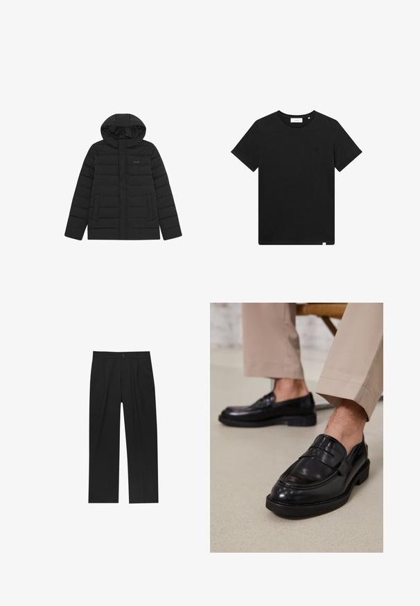 Fekete pehelykabát kapucnival, steppelt dizájnnal, sima felülettel és két elülső zsebbel. Diszkrét logó a mellkason.; Fekete rövid ujjú pamut póló, kerek nyakkal és egy kis géppel hímzett logóval a mellrészen. Sima tapintás, szabványos illeszkedés.; Fekete nadrág egyenes szárú kialakítással, sima anyagból készült. Elöl redők és egy gombos záródás található a derékon.; Fekete bőr loaferek sima felülettel, díszítő pánttal és kontrasztos varrással, bézs nadrággal párosítva.