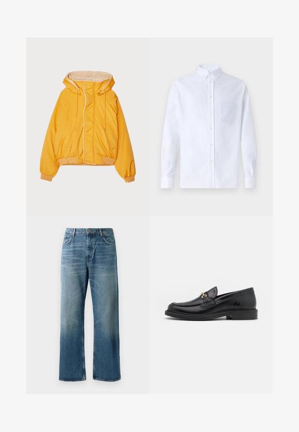 Rumena puff jakna z umetnim krznom obloženim kapuco, sprednjim zadrgo in dvema velikima stranskima žepoma. Manšete in rob sta elastična.; Bela dolgo rukava srajca s kragnico, izdelana iz bombaža, z žepom na prsih in toniranimi vezeninami ter gumbi na manšetah.; Siva pletena polo majica s kratkimi rokavi in V-izrezom, ki ima subtilno teksturo ter rebrast rob in rokave. Oznaka blagovne znamke je vidna znotraj.; Svijetloplave široke traperice s izbljeđenim pranjem, koje imaju zatvaranje na jedan gumb, pet džepova i kontrastnu šav.; Črne usnjene loafers čevlje z zaobljenim prstom, ki imajo zlat nakit in podrobnosti šivanja, postavljene na nizko, teksturirano gumijasto podplat.