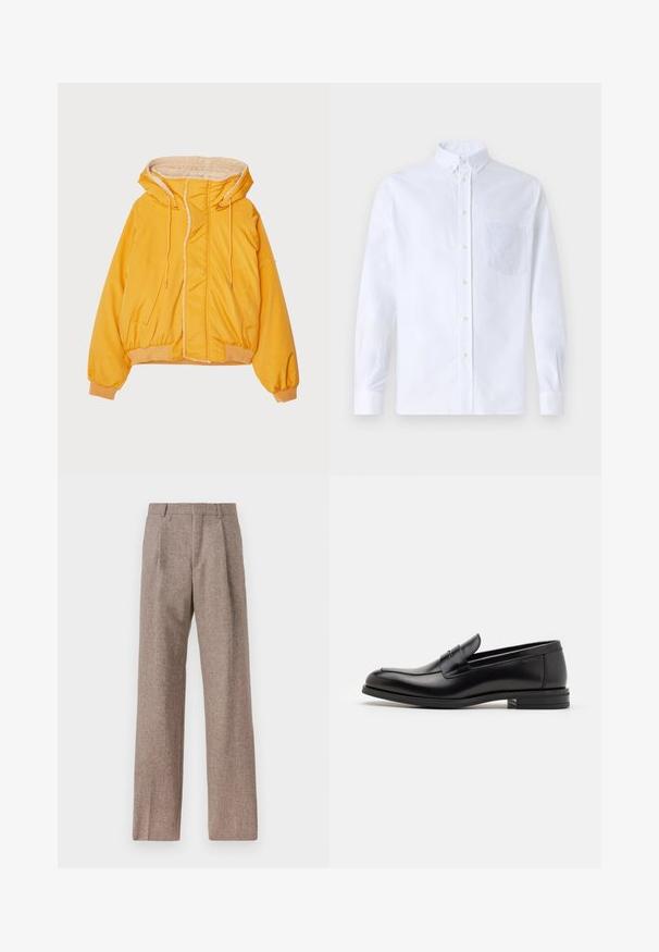 Doudoune jaune avec capuche doublée en fausse fourrure, fermeture éclair à l'avant et deux grandes poches latérales. Les poignets et le bas sont élastiqués.; Chemise blanche à manches longues avec boutons en coton, présentant une poche poitrine avec broderie ton sur ton, un col et des poignets boutonnés.; Pantalons marron taille haute en tissu texturé. Présente des jambes larges et deux plis avant pour la structure. Finition soignée sans matériel visible.; Mocassins en cuir noir avec une texture lisse, bout rond et une sangle décorative sur le dessus. Talon bas empilé, design minimaliste.