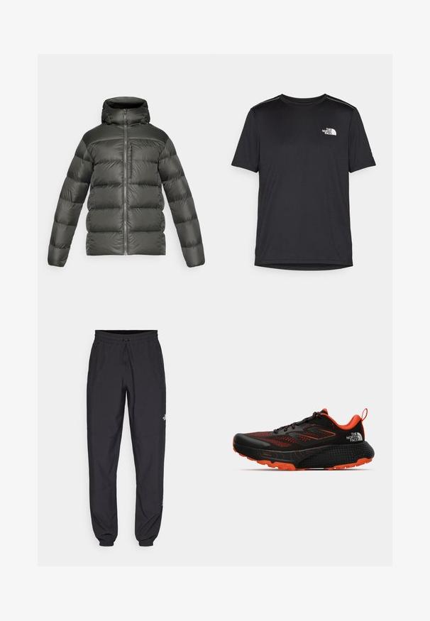 Casaco puffer verde-escuro com capuz, apresentando fecho zip, design acolchoado e punhos elásticos. Feito de material leve e suave.; T-shirt preto de manga curta feito de um tecido leve. Apresenta um pequeno logo branco ao lado esquerdo do peito e detalhes subtis nos ombros.; Calças atléticas pretas feitas de tecido leve, com um cós ajustável por cordão, bolsos laterais e punhos afunilados nos tornozelos.; Sapatilha de corrida preta com detalhes em vermelho; parte superior em malha respirável, sola texturizada e colarinho acolchoado; apresenta logotipo e bico de borracha.