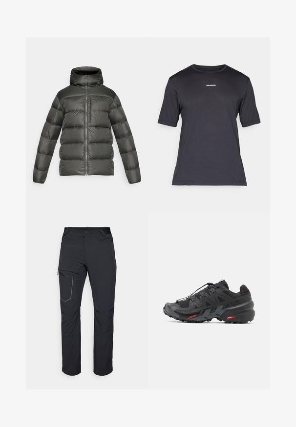 Dark green puffer jacket with a hood, featuring a zip closure, quilted design, and elastic cuffs. Made from lightweight, smooth material.; Black short-sleeve performance t-shirt made of breathable fabric, featuring a crew neckline and small white "SALOMON" logo on the chest.; Black outdoor pants featuring a zippered thigh pocket, elastic waistband, and smooth, water-resistant fabric. Clean design with no visible logos.; Black running shoe with synthetic upper, textured design, and contrasting red accents. Features a secured lace system and rugged outsole.