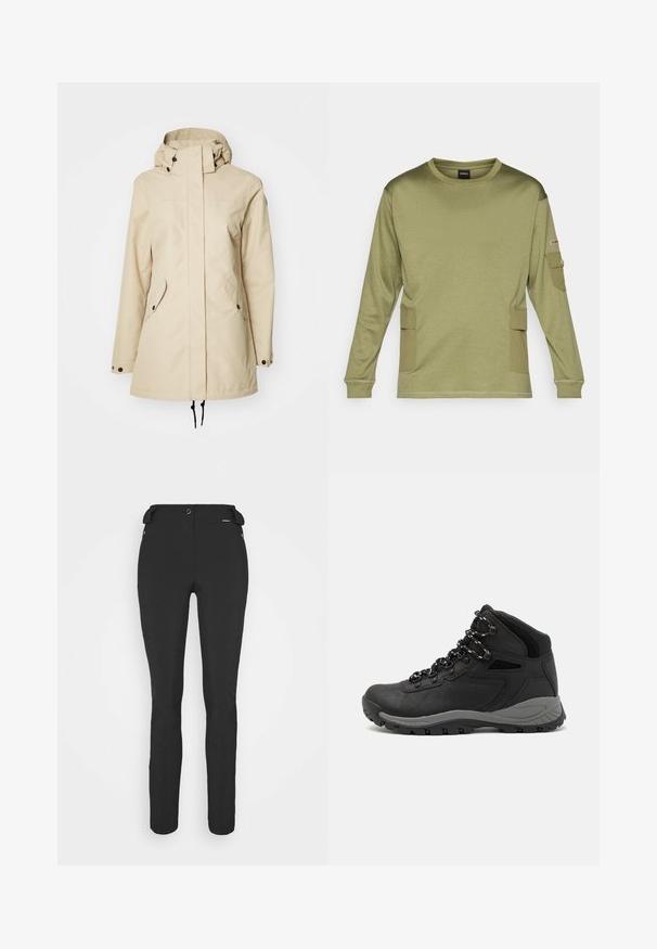 Bežna vodoodporna jakna s kapuco, ki ima pritisne gumbe, sprednje žepe, nastavljivo vrvico na robu in gladko teksturo.; Dolga majica olivno zelene barve, izdelana iz teksturirane tkanine, z stranskimi žepe in rebrastimi manšetami. Enostavna zasnova s krožnim ovratnikom.; Črne prileganje hlače, izdelane iz fleksibilnega materiala. Značilnosti vključujejo žep z zadrgo na strani, artikulirana kolena in gladko teksturo.; Črne pohodniške čevlje z srednje visokim dizajnom, ki imajo teksturirano zgornji del, sivi dodatki in vzdržljiv gumen podplat s protizdrsnimi izboklinami.