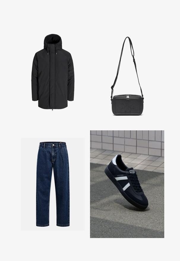 Musta eristetty takki, jossa on korkea kaulus, vetoketjullinen etuosa ja kiristettävä huppu. Takissa on sileä ulkopinta ja kontrastivärinen teksturoitu vuori.; Kerman puuvillane T-särk lühikeste varrukatega ja ümmarguse kaelusega. Omab sinist ja punast graafilist trükist tekstiga ja motiiviga.; Tummansininen farkkushortsit suoralla lahkeella. Ominaisuuksiin kuuluvat näkyvät saumat, napitus ja etulaskokset lisäyksinä.; Mustat nahkakengät valkoisilla raidoilla, teksturoitu kumipohja ja nauha edessä. Varustettu merkkitarralla kielen päällä.; Musta nahkainen olkalaukku vetoketjulla, etuosassa kohoamalla painettu logo ja säädettävä hihna. Sujuva pinta ja suorakulmainen muoto.