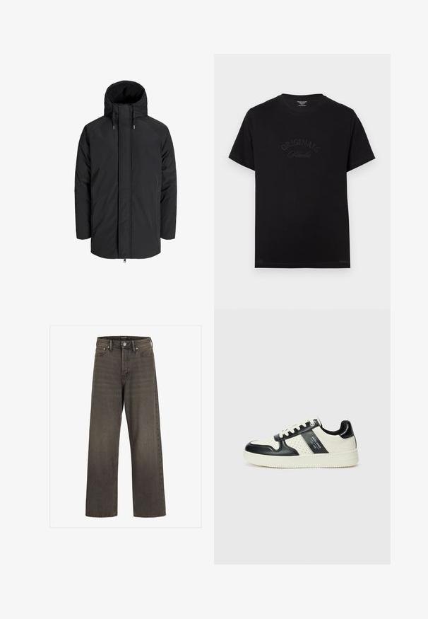 Casaco isolado preto com gola alta, fecho éclair à frente e capuz com cordão. Apresenta um exterior liso e um forro interior texturizado em contraste.; T-shirt de algodão preto com mangas curtas e decote redondo. Apresenta "ORIGINALS Studio" em relevo na frente, com letras tonais.; Jeans de perna larga em denim cinza escuro, com cintura alta, design clássico de cinco bolsos e costura em contraste ao longo das costuras.; Ténis de couro com um esquema de cores em preto e creme, apresentando detalhes perfurados, um colarinho acolchoado e uma sola texturizada.