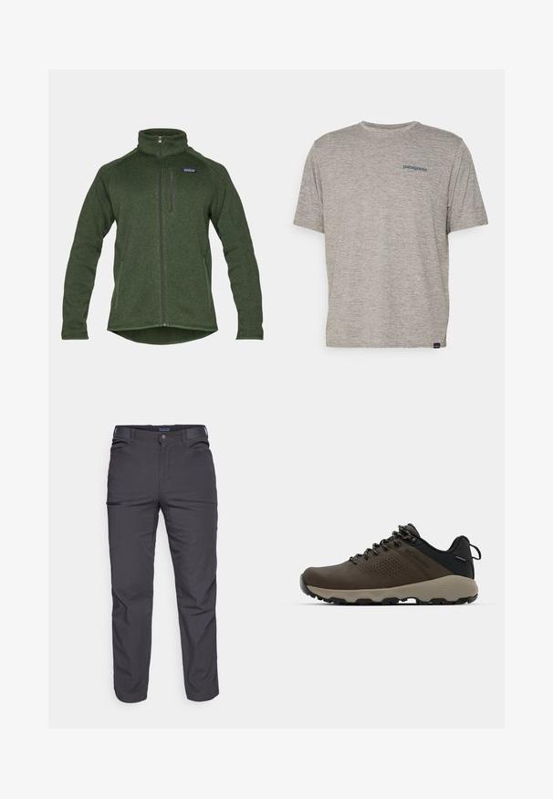 Zielona polarowa kurtka zapinana na zamek, z wysokim kołnierzem, bocznymi kieszeniami i kieszenią na piersi z zamkiem błyskawicznym. Wykonana z fakturowanej, ciepłej tkaniny.; Szara koszulka z krótkim rękawem, uszyta z miękkiego, teksturowanego materiału, z małym niebieskim logo Patagonia na lewej piersi. Bez dodatkowych wzorów.; Ciemnoszare spodnie wykonane z trwałej tkaniny, z zamkniętą kieszenią, prostym krojem i szlufkami na pasek, umożliwiającymi regulację dopasowania.; Brązowe wodoodporne trampki z teksturowaną cholewką, perforowanymi akcentami, czarnym wsparciem pięty i szarym gumowym podeszwy. Sznurówki ozdobione metalowymi końcówkami.