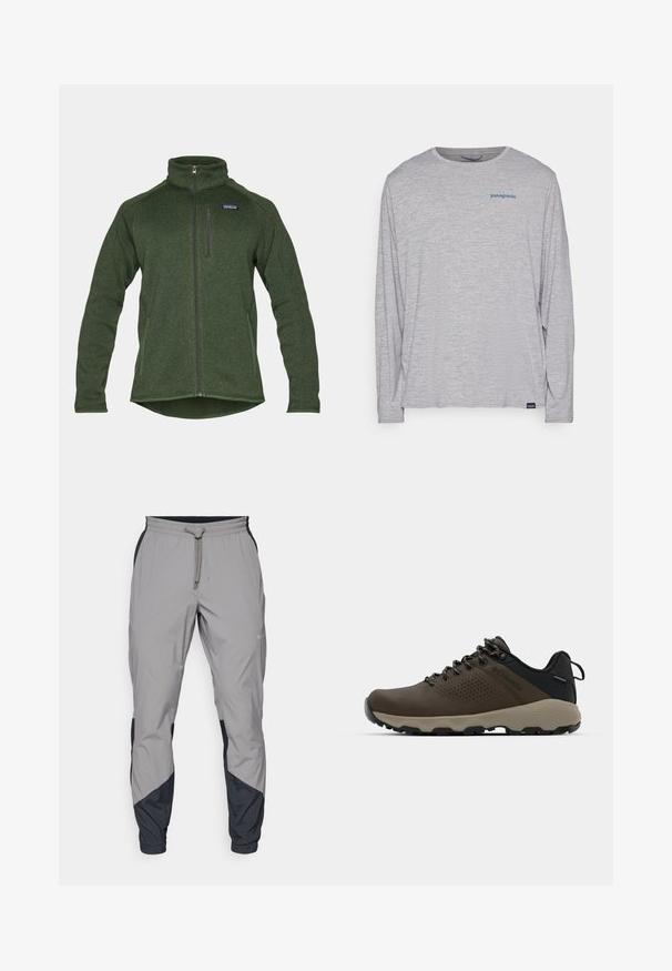 Grønn fleece zip-up jakke med høy krage, sidelommer og en brystlomme med glidelås. Laget av teksturert, varmt stoff.; Lys grå langermet t-skjorte laget av myk, teksturert stoff. Har rund hals og en liten blå Patagonia-logo på brystet.; Lettvektige, grå treningsbukser med svarte detaljer. Elastisk midjebånd, snøring, tapered benedesign og sidelommer.; Brune vanntette joggesko med teksturert overdel, perforerte detaljer, svart hæl støtte og en grå gummisåle. Snøring er stilisert med metalliske ender.