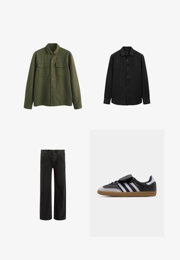 Giacca camicia verde oliva realizzata in tessuto testurizzato, con chiusura frontale a bottoni, due tasche sul petto con patta e maniche lunghe con polsini.; Maglietta nera a maniche lunghe realizzata in tessuto testurizzato; presenta un colletto a punta e chiusura con bottoni sul davanti. Design semplice, senza motivi.; Jeans wide-leg in denim nero con vita alta, caratterizzati da un classico design a cinque tasche e da un leggero sbiadimento per un aspetto testurizzato.; Sneaker in pelle nera e suede grigio con strisce bianche, suola in gomma, chiusura con lacci nella parte anteriore e strappa in velcro. Presenta il marchio "Samba" in oro.