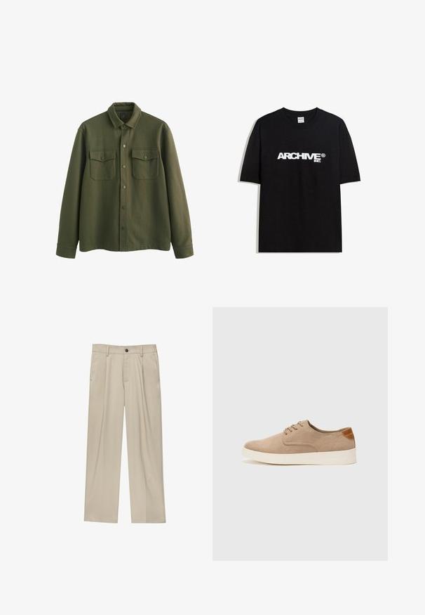 Olíva zöld ingdzseki strukturált anyagból, gombos elülső résszel, két mellzsebbel takaróval és hosszú, felhajtható ujjakkal.; Fekete pamut póló, fehér "ARCHIVE inc." logóval a mellkasán, rövid ujjakkal és kerek nyakkivágással.; Beige egyenes szárú nadrág, egy fekete gombbal, övhurkokkal és oldalzsebekkel. Sima szövettextúra és minimális design.; Beige velúr sportcipő, kerek orral, fűzős elülső résszel és textúrált hátsó részlettel. Fehér gumitalp kontrasztot ad. Egyszerű és modern design.