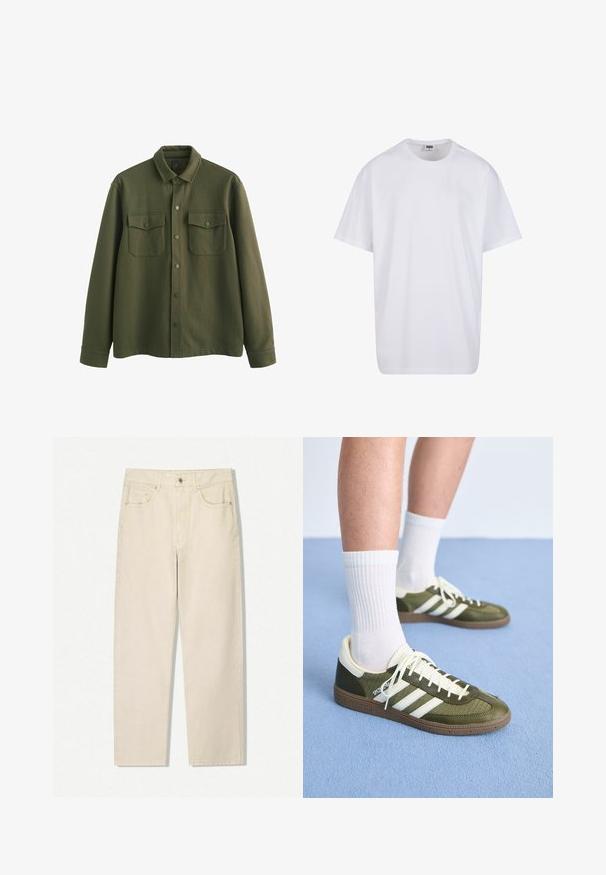 Olivgrön skjortjacka i texturerat tyg, med knäppning framtill, två bröstfickor med lock och långärmar med manchetter.; Vit bomull t-shirt med korta ärmar, rundad halsringning, avslappnad passform och utan synliga logotyper eller mönster. Slät textur och minimal design.; Beige högmidjade raka jeanstylingar med framknapp, dragkedja och fem fickor, presenterade på en vit bakgrund.; Gröna och beige sportskor med tre vita ränder, texturerat material, gummisula, tillsammans med vita ankelsockor på en blå yta.