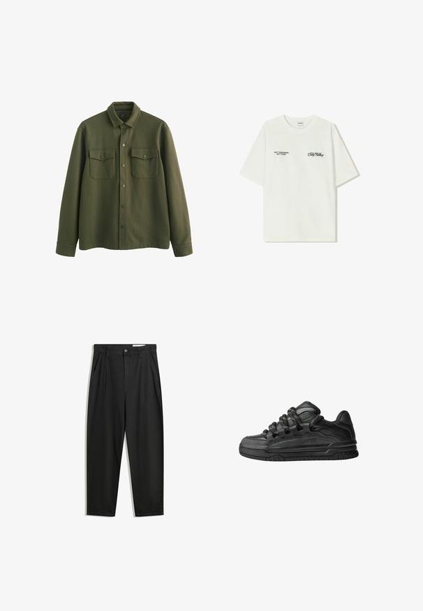 Olivgrünes Hemdjackett aus strukturiertem Stoff, mit durchgehender Knopfleiste, zwei Brusttaschen mit Klappen und langen, geknöpften Ärmeln.; Weißes Baumwoll-T-Shirt mit kurzen Ärmeln. Auf der Vorderseite befindet sich schwarzer Text: „NICHT MORGEN NICHT HEUTE“ und „DIE KUNST DES DIRT MOVING“ in grüner Schrift.; Schwarze Baumwollhose mit lockerem Schnitt, ausgestattet mit einem klassischen Bund, vorderen Falten und Seiten taschen. Glatte Textur ohne Muster.; Schwarze Sneakers mit einem glatten Leder-Obermaterial, strukturierten Akzenten und runden schwarz-weißen Schnürsenkeln. Dicke Gummisohle mit einem gemusterten Profil.