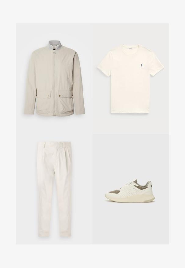 Casaco bege claro feito de tecido texturizado. Apresenta um fecho de correr na frente, dois bolsos com botão e um colarinho tipo stand com um acabamento interior em contraste.; T-shirt de algodão creme com decote redondo e mangas curtas. Apresenta um pequeno logótipo azul bordado no lado esquerdo do peito.; Calças brancas pregueadas com um corte ajustado, apresentando uma textura suave, passantes de cinto e pernas afuniladas. Sem bolsos visíveis ou padrões.; Sapatilha atlética branca e bege claro, com parte superior em malha, detalhes perfurados e uma entressola texturizada com marcação no calcanhar.