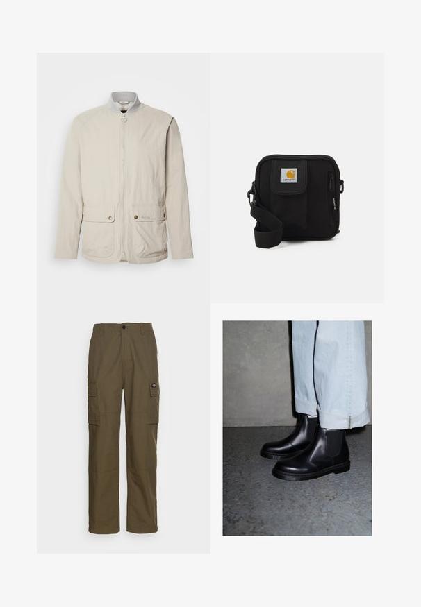 Light beige jacket made of textured fabric. Features a zip front, two buttoned pockets, and a stand collar with a contrasting inner trim.; White short-sleeve t-shirt made of cotton, featuring a crew neckline and a smooth texture, with a straight cut and no patterns.; Cargo pants in olive green, made of durable fabric. Features two side pockets, a standard waist, and a straight-leg design.; Black leather Chelsea boots with elastic side panels and a textured rubber sole, paired with light blue cuffed denim jeans.; Black crossbody bag with a zippered main compartment, front pocket, adjustable strap, and a visible logo patch on the flap.