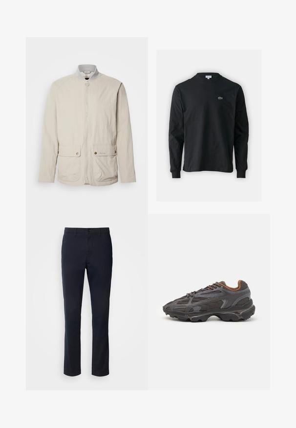 Kergelt beez`i jope, mis on valmistatud tekstuurse kangast. Omab lukkfronti, kahte nööpidega taskut ja püstkraed, millel on kontrastne siset trim.; Must musta särk pikad varrukad, valmistatud puuvillast, ümar kaelus ja vasakul rinnal väike rohelise värvi tikandiga krokodillilogoga.; Sügavsinised püksid, mis on valmistatud siledast kangast, otse sääre disainiga, vöökonksudega ja nööbiga sulgemisega, millel on tõmblukk.; Tumed hallid Lacoste tossud, mis on valmistatud võrkkangast ja sünteetilisest materjalist, omavad tekstureeritud talla ning pruune aktsente kaeluse ja brändingu juures.