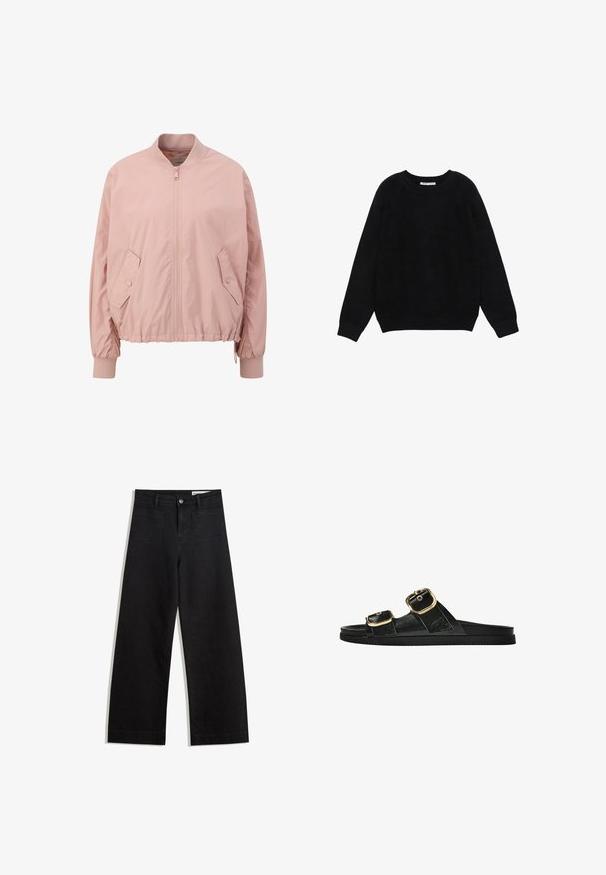 Giacca bomber rosa chiaro realizzata in materiale liscio, con chiusura frontale a zip, polsini elastici e tasche laterali inclinati.; Maglione nero a maniche lunghe con scollo rotondo, polsini e orlo a coste, mostrato disteso su uno sfondo bianco.; Pantaloni in denim neri a gamba larga con vita alta, dotati di tasche anteriori e posteriori, cuciture a punto, e chiusura con bottone. Texture liscia.; Infradito neri con due accenti di fibbia dorata, materiale dalla texture liscia, suola piatta e design minimalista.