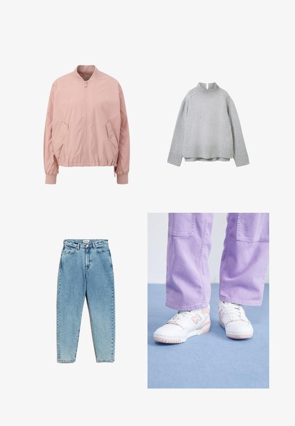 Helle rosa Bomberjacke aus glattem Material, mit einem Reißverschluss vorne, elastischen Bündchen und schrägen Seitentaschen.; Hellgrauer Pullover mit hohem Kragen, gerippten Bündchen und Saum. Weiche Textur, lockere Passform und ein dezentes Strickmuster im gesamten Abschnitt.; Helle blaue Denim-Jeans mit hoher Taille, geraden Beinen und einem verblichenen Finish. Verfügt über einen Knopfverschluss, Gürtelschlaufen und klassische Taschen.; Weiße Sneaker mit rosa Akzenten, Obermaterial aus strukturiertem Leder und Gummisohle, kombiniert mit helllila weit geschnittenen Hosen auf einer blauen Fläche.