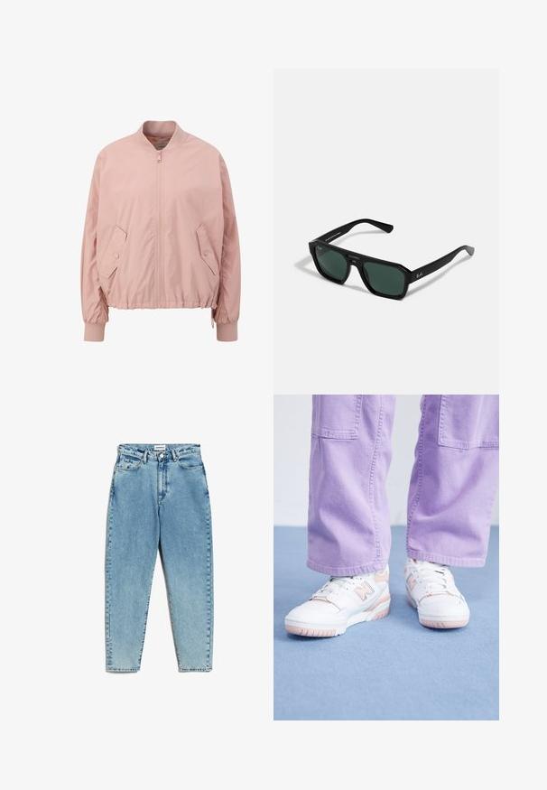 Lichtroze bomberjack van soepel materiaal, met een ritssluiting aan de voorkant, elastische manchetten en schuine zijzakken.; Lichtgrijze pullovertrui met hoge kraag, geribde manchetten en zoom. Zachte textuur, comfortabele pasvorm en een subtiel breipatroon doorheen.; Lichtblauwe denim jeans met een hoge taille, rechte pijpen en een vervaagde wassing. Bevat een knoopsluiting, riemlussen en klassieke zakken.; Witte sneakers met roze accenten, bovenkant van gestructureerd leer en rubberen zool, gecombineerd met lichtpaarse wijde broek op een blauwe ondergrond.; Zwarte rechthoekige zonnebril met groene lenzen. Gemaakt van plastic met een octagonale vorm en een gladde afwerking. Heeft het Ray-Ban-logo aan de zijkant.