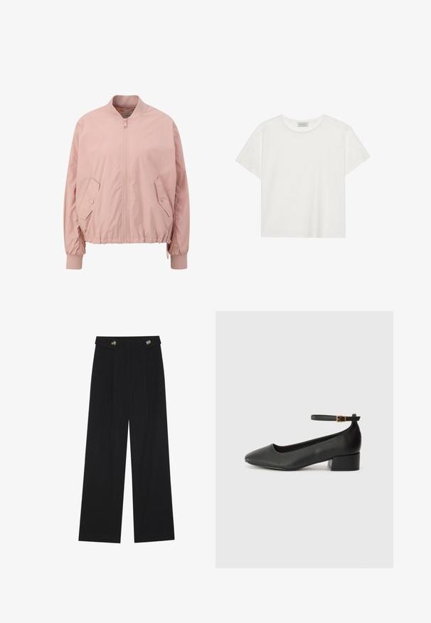 Giacca bomber rosa chiaro realizzata in materiale liscio, con chiusura frontale a zip, polsini elastici e tasche laterali inclinati.; T-shirt bianco a maniche corte realizzato in morbido cotone. Presenta un collo rotondo e una vestibilità comoda. Design pulito senza modelli o dettagli visibili.; Pantaloni neri a gamba larga con vita alta, dettagli con bottoni in vita e pieghe frontali.; Pump in pelle nera con punta affusolata e tacco basso a blocco. Presenta una cinghia alla caviglia con una fibbia in tonalità oro. Texture liscia.