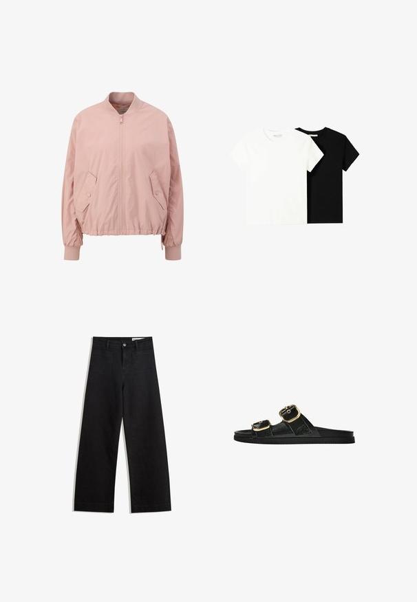 Lichtroze bomberjack van soepel materiaal, met een ritssluiting aan de voorkant, elastische manchetten en schuine zijzakken.; Twee t-shirts met korte mouwen, één wit en één zwart, gemaakt van katoen. Beide hebben een ronde halslijn en een eenvoudig, klassiek ontwerp.; Zwarte denim broek met wijde pijpen en een hoge taille, voorzien van voor- en achterzakken, gestikte naden en een knoopsluiting. Gladde textuur.; Zwarte slipper met twee gouden gesps, gladde textuur, platte zool en een minimalistisch ontwerp.