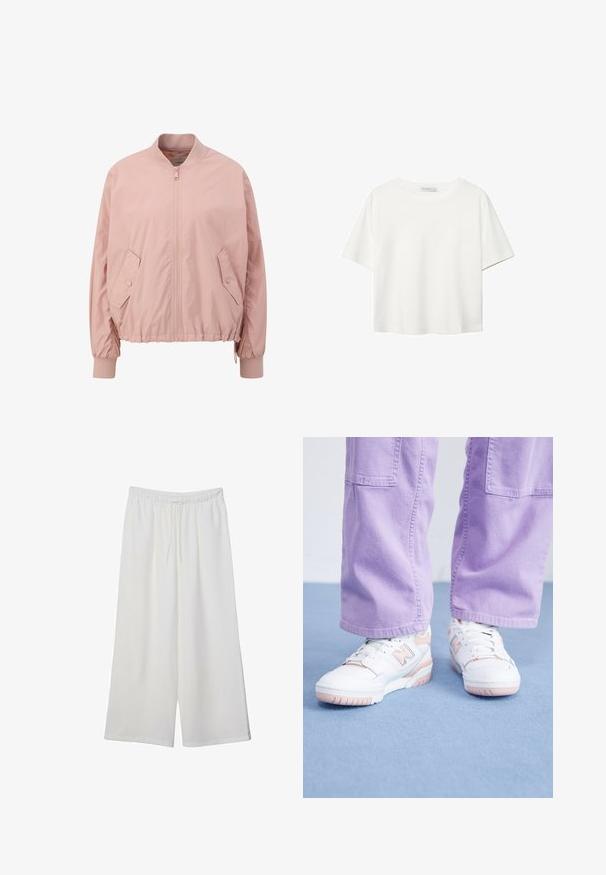 Light pink bomber jacket made of smooth material, featuring a front zipper, elastic cuffs, and slanted side pockets.; White short-sleeve t-shirt made of cotton. Features a crew neckline and a relaxed fit. Smooth texture with no visible patterns or accents.; White wide-leg trousers made of lightweight fabric, featuring an elastic waistband and a drawstring for adjustable fit. Smooth texture.; White sneakers with pink accents, textured leather upper, and rubber sole, paired with light purple wide-leg pants on a blue surface.