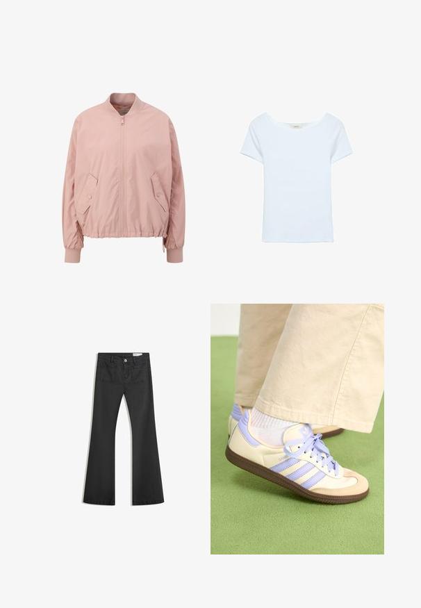 Giacca bomber rosa chiaro realizzata in materiale liscio, con chiusura frontale a zip, polsini elastici e tasche laterali inclinati.; Maglietta bianca realizzata in tessuto a costine, con un ampio scollo rotondo e maniche corte. Design semplice senza pattern o dettagli.; Jeans neri a campana realizzati in denim con una texture liscia, dotati di due tasche posteriori e chiusura con bottone in vita.; Sneakers crema e lavanda con tre strisce e suola marrone texturizzata, dotati di lacci e tallone imbottito. Parte superiore in tessuto morbido.