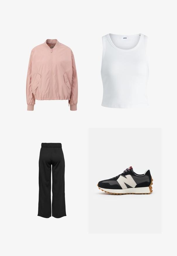 Veste bomber rose clair en matériau lisse, dotée d'une fermeture éclair sur le devant, de poignets élastiques et de poches latérales inclinées.; Débardeur blanc côtelé avec un col rond, sans manches et d'une longueur cropped. L'étiquette indique "JJXX". Texture du tissu lisse.; Pantalons noirs à jambes larges avec une taille élastique, fabriqués à partir d'un tissu lisse. Présente un design épuré sans poches ni détails de couture visibles.; Baskets en suede noir et gris avec un grand logo "N" couleur crème, lacets violets et semelle extérieure en caoutchouc gomme texturé.