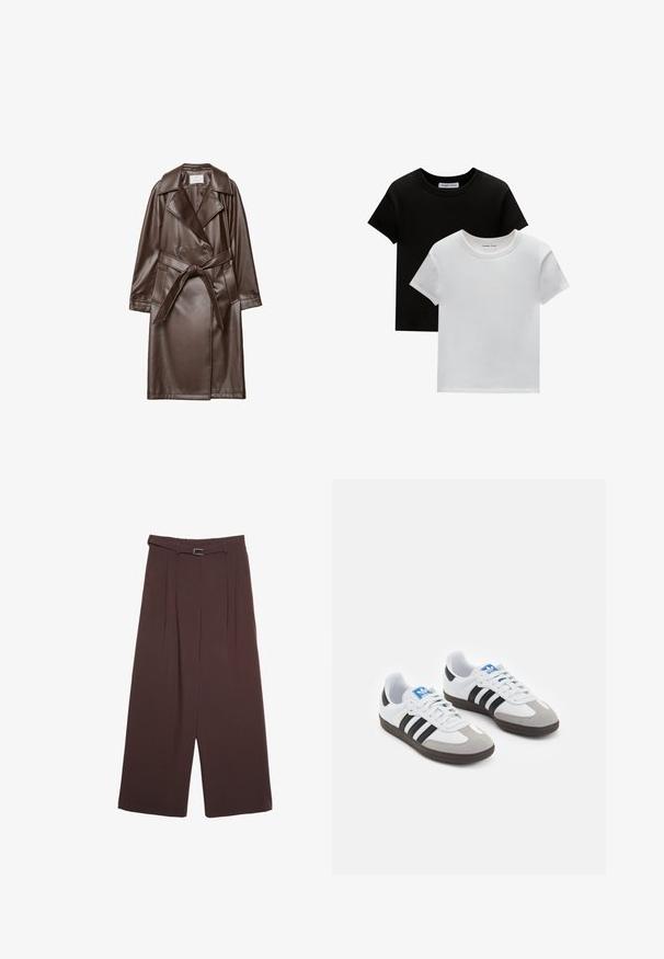 Brun læder trench coat med spidse klapper, dobbeltradede knapper, bælte i taljen og sidelommer. Glat tekstur og knælangt design.; To crew-neck t-shirts i sort og hvid, lavet af bomuld. De har korte ærmer og et ensfarvet design uden mønstre eller accenter.; Stradivarius WIDE-LEG WITH BUCKLE DETAIL  - Bukser - dark brown; Sportsko med en overdel i hvid læder, grå ruskind på tåen og tre sorte striber. Har et blåt logo på tungen og en struktureret gummisål.