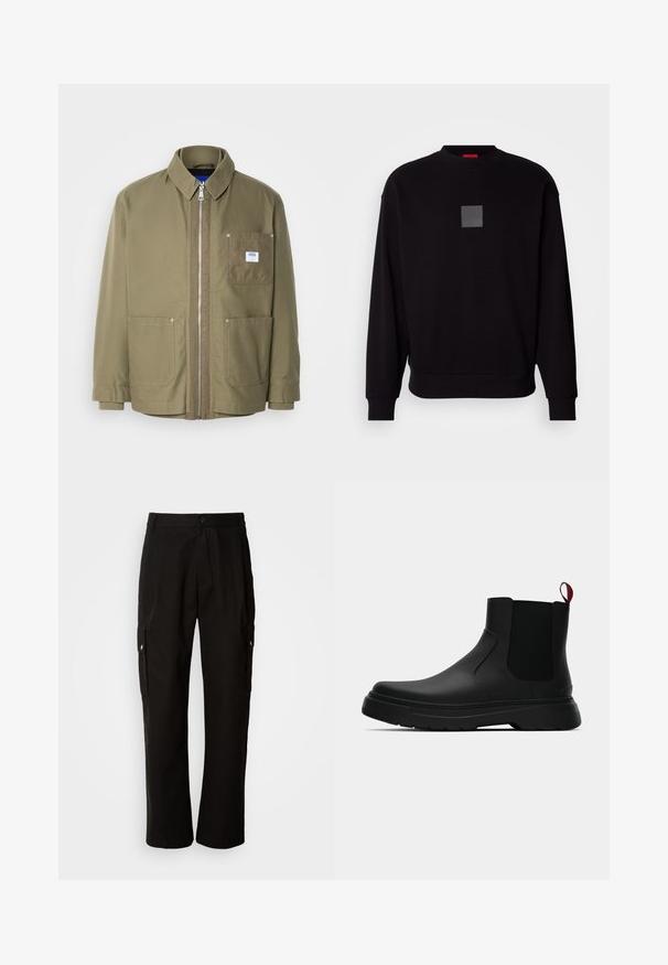 Jachetă verde măslinie, închidere cu fermoar, guler cordurat, două buzunare frontale, buzunar pe pieptul stâng cu patch cu logo, material durabil, croială dreaptă.; Hanorac negru cu mâneci lungi, decolteu rotund, logo pătrat gri pe față, textură moale și manșete și tiv ribbate.; Pantaloni cargo negri din bumbac, cu o croială lejeră, având buzunare laterale, închidere cu nasture și picioare drepte. Design simplu, fără modele.; Botine negre până la gleznă, cu un finisaj neted, panouri laterale elastice și un tab de prindere roșu contrastant, având o talpă groasă din cauciuc și vârf rotunjit.