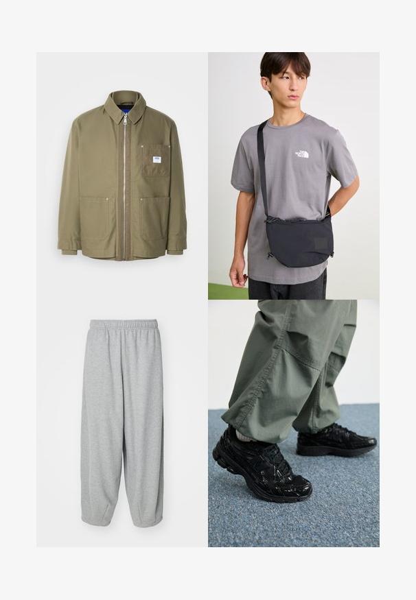 Olive green jacket, zip closure, ribbed collar, two front pockets, left chest pocket with logo patch, durable fabric, straight cut.; Black cotton T-shirt featuring a white New Balance logo and graphic design on the front. Short sleeves and a crew neck.; Light gray, loose-fitting sweatpants made of soft fabric. Elastic waistband and cuffs at the ankles. Simple and unadorned design.; Black athletic sneakers with glossy and mesh textures, featuring a thick sole and laces, paired with loose olive-green cargo pants.; Black nylon crossbody bag with adjustable strap, featuring a drawstring closure and embossed logo detail. Worn over a gray t-shirt.