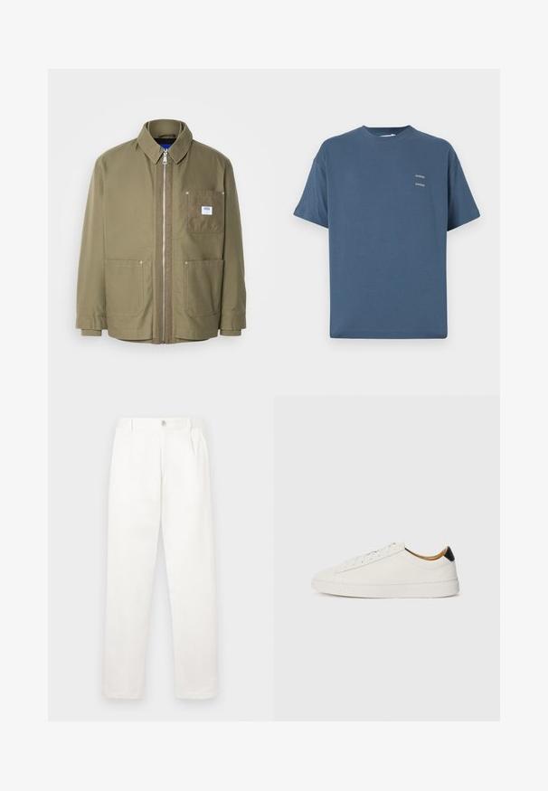 Giacca verde oliva, chiusura con zip, colletto a coste, due tasche frontali, tasca sul petto a sinistra con patch logo, tessuto resistente, taglio dritto.; T-shirt in cotone blu con collo rotondo classico, maniche corte, vestibilità rilassata e due piccoli loghi stampati sul petto. Texture liscia.; Pantaloni bianchi realizzati in tessuto liscio, con un design a gamba dritta, pieghe frontali e una chiusura a bottone singolo in vita.; Sneaker bianca con tomaia in pelle liscia, punta rotonda e suola piatta. Accentatura nera sul tallone, con lacci tono su tono e branding minimale.