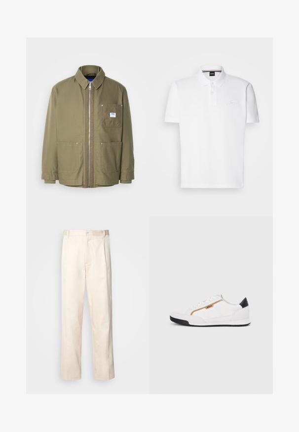 Olive zöld dzseki, cipzáros záródás, bordás gallér, két elülső zseb, bal melletti zseb logós címkével, tartós anyag, egyenes szabás.; Fehér pólóing, pamut-poliészter keverékből készült, gallérral, két gombos záródással és diszkrét hímzett logóval a mellkasán.; Beige pamut nadrág egyenes szárú kivágással, gombos záródással és elülső redőkkel a részletek fokozása érdekében.; Fehér sportcipők, hálós és bőr díszítésekkel. Kiemelkedő arany "BOSS" logó, textúrázott oldalpanelekkel és fekete sarokkal. Gumi talp.