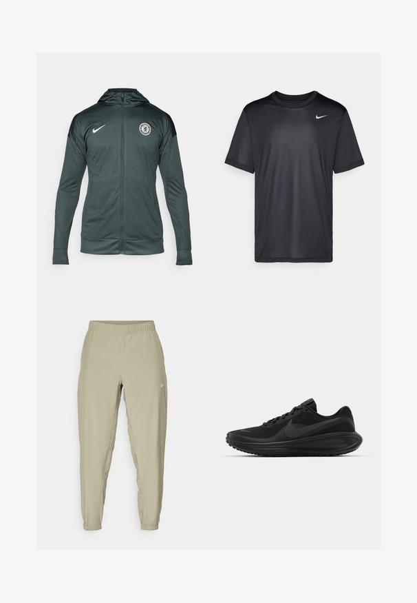Dark green Nike jacket features a full zip front, hoodie, side pockets, and a Chelsea FC logo on the upper left chest. Smooth fabric texture.; Black athletic t-shirt with short sleeves, round neck, made of smooth fabric. Features a small white Nike logo on the upper left.; Light beige jogger pants with an elastic waistband, cuffed ankles, and side pockets. Features a small white logo on the front.; Black athletic sneakers with a textured mesh upper, lace-up design, thick sole, and prominent black Nike swoosh logo on the side.